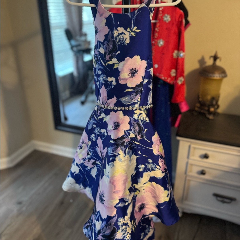 Floral Blue Dress with Belt